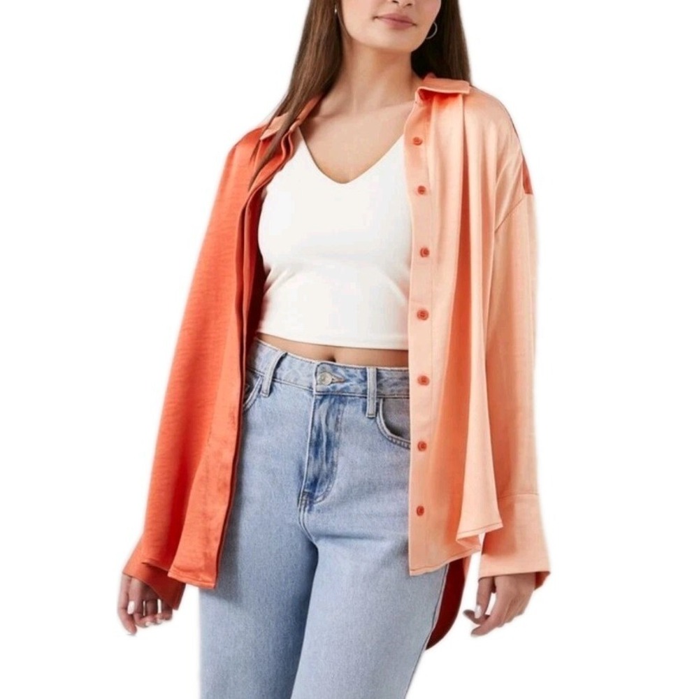 Forever 21 Satin Colorblock Button‎ Down Orange 2 Tone Oversize Shirt Sz Med